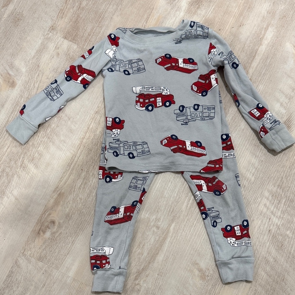 Carter's Gray Pajama Set with Red and Navy Fire Truck Print